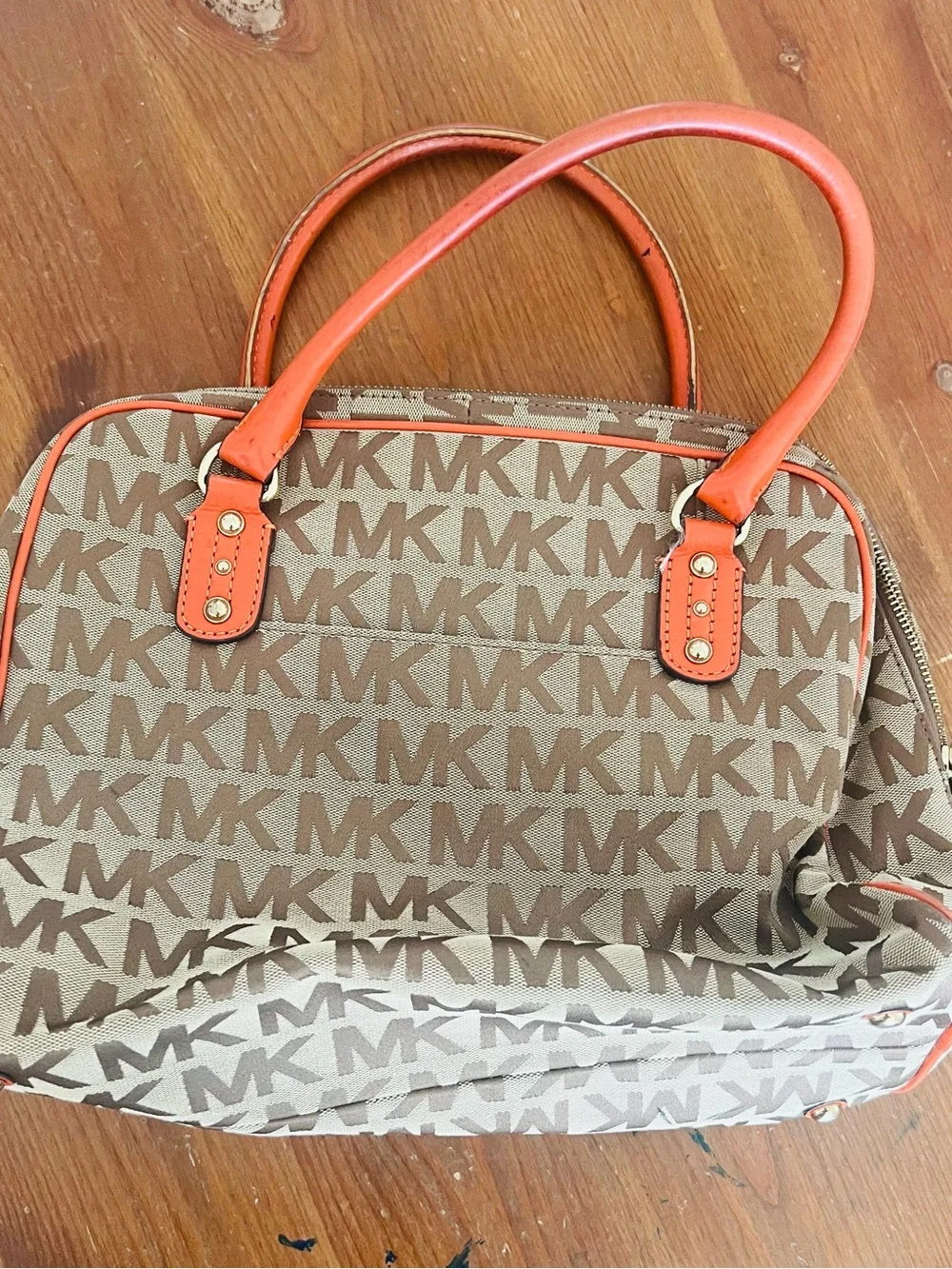 Michael Kors Beige MK Logo Satchel with Orange Trim